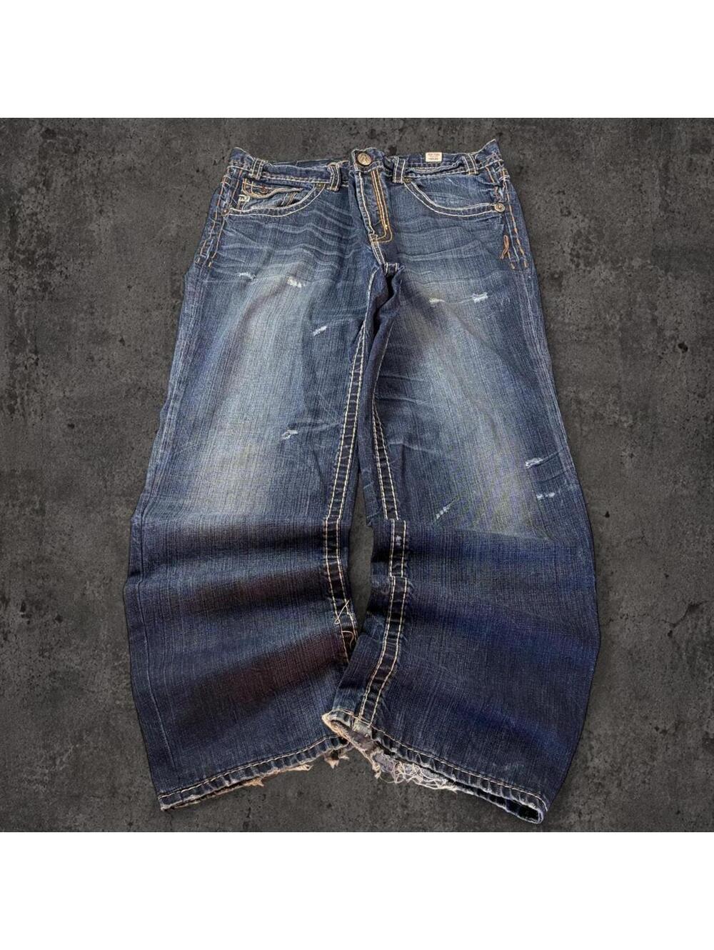 Y2K Mek Jeans Baggy Bootcut Whisker Faded Hip Hop Grunge Skater Distressed 40x34